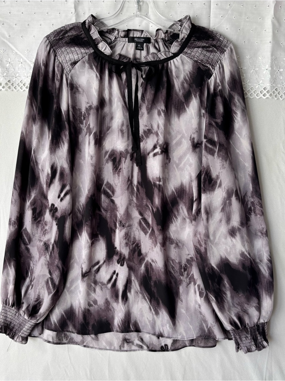 Simply Vera Vera Wang Black and Gray Tie-Neck Ruffle Blouse